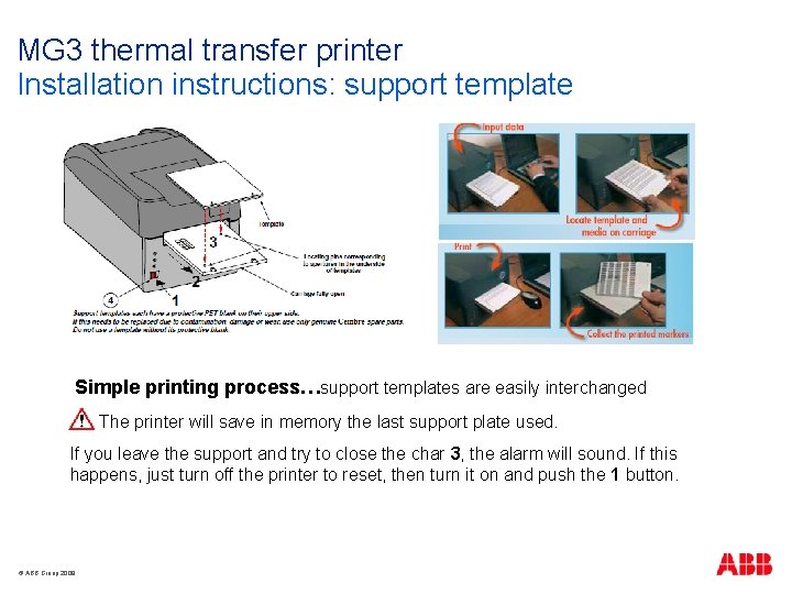 MG 3 thermal transfer printer Installation instructions: support template Simple printing process…support templates are