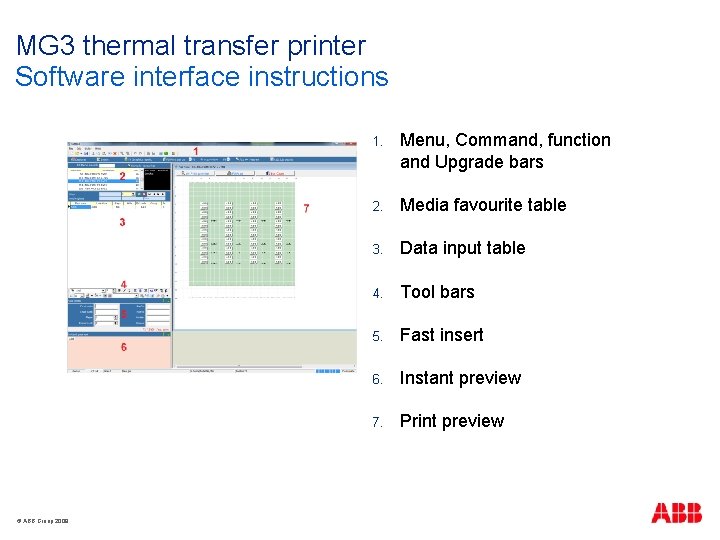 MG 3 thermal transfer printer Software interface instructions © ABB Group 2009 1. Menu,