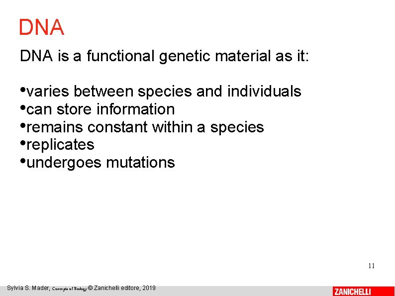 DNA is a functional genetic material as it: • varies between species and individuals