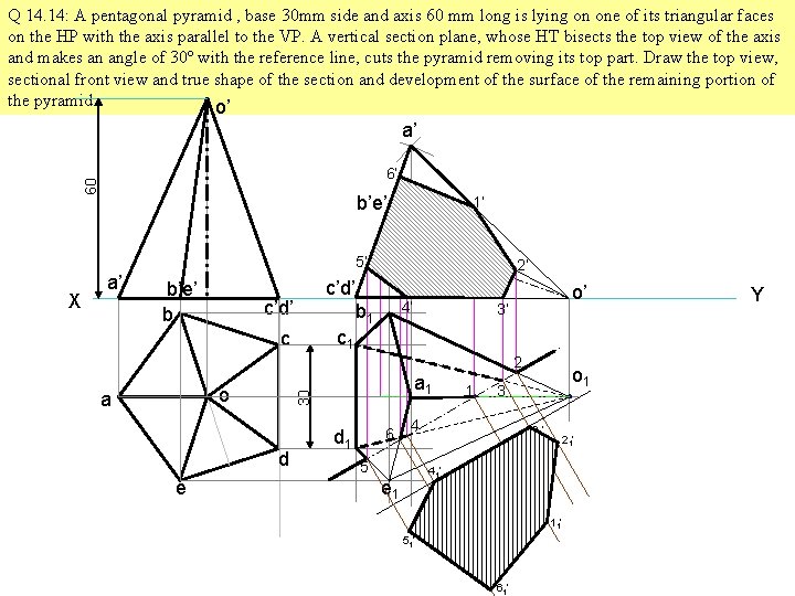 Q 14. 14: A pentagonal pyramid , base 30 mm side and axis 60