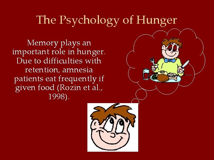 The Psychology of Hunger Memory plays an important role in hunger. Due to difficulties