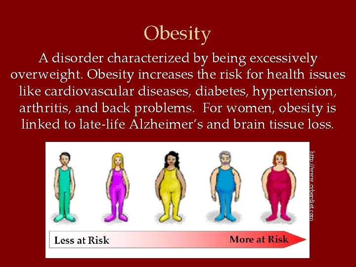Obesity A disorder characterized by being excessively overweight. Obesity increases the risk for health