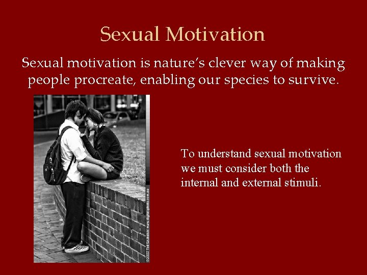 Sexual Motivation Sexual motivation is nature’s clever way of making people procreate, enabling our