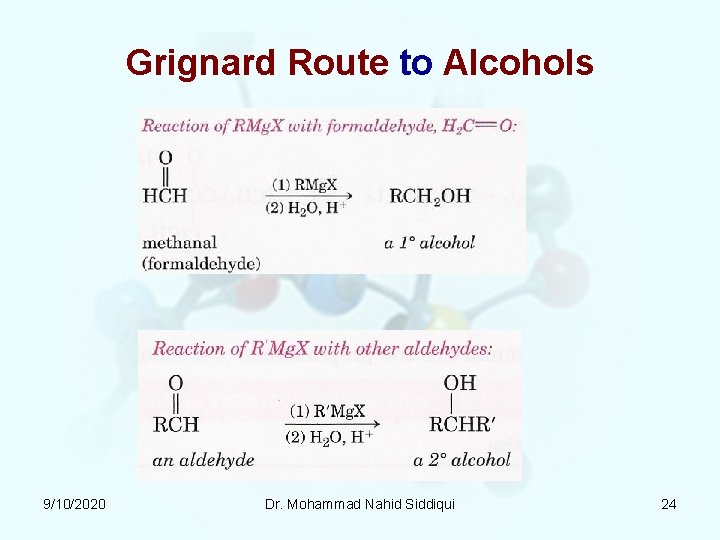 Grignard Route to Alcohols 9/10/2020 Dr. Mohammad Nahid Siddiqui 24 Grignard Route to Alcohols 9/10/2020 Dr. Mohammad Nahid Siddiqui 24