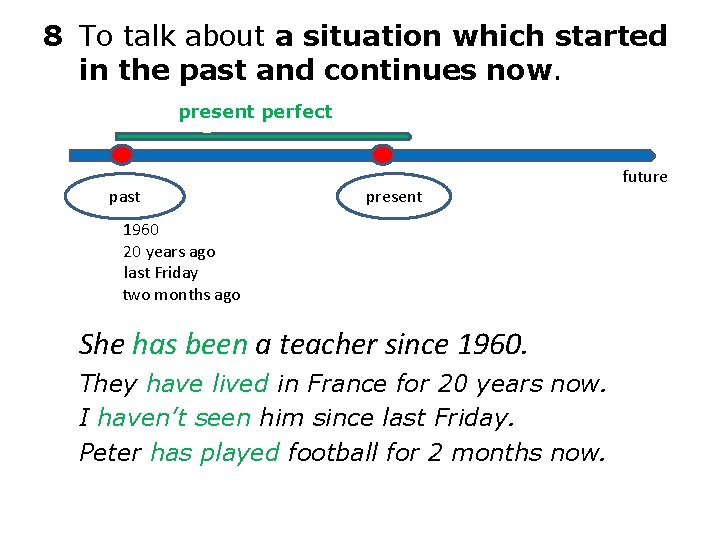 8 To talk about a situation which started in the past and continues now.