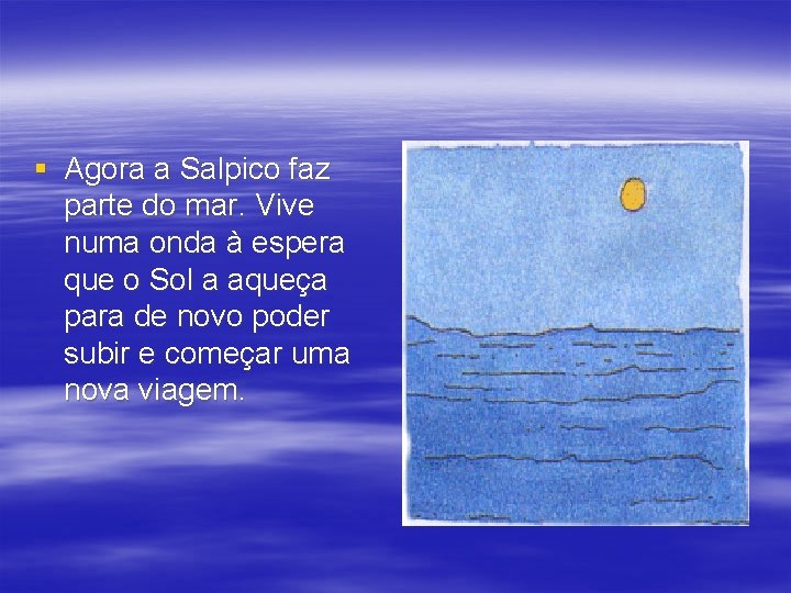 § Agora a Salpico faz parte do mar. Vive numa onda à espera que