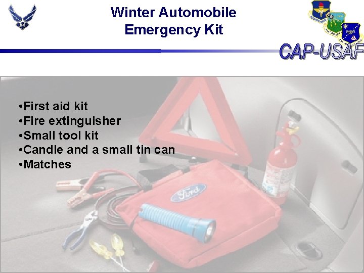 Winter Automobile Emergency Kit • First aid kit • Fire extinguisher • Small tool