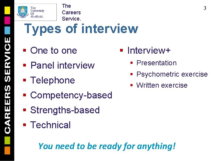 The Careers Service. 3 Types of interview § One to one § Panel interview