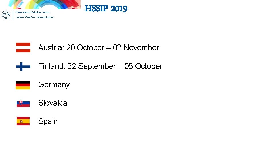 International Relations Sector Secteur Relations Internationales HSSIP 2019 Austria: 20 October – 02 November