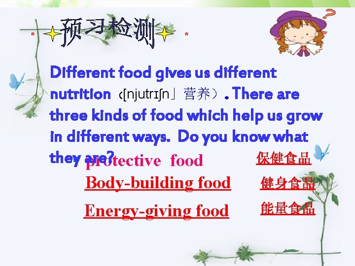 Different food gives us different nutrition （[njutrɪʃn」营养）. There are three kinds of food which
