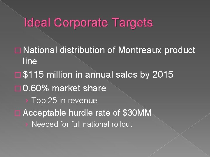 Ideal Corporate Targets � National distribution of Montreaux product line � $115 million in