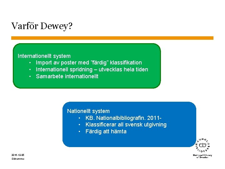 Varför Dewey? Internationellt system • Import av poster med ”färdig” klassifikation • Internationell spridning