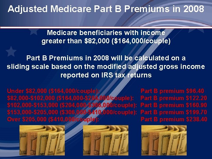 Adjusted Medicare Part B Premiums in 2008 Medicare beneficiaries with income greater than $82,