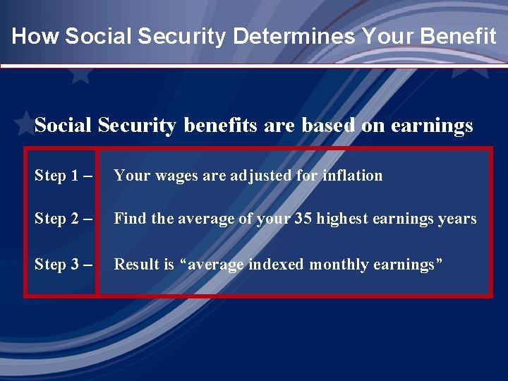 How Social Security Determines Your Benefit Social Security benefits are based on earnings Step