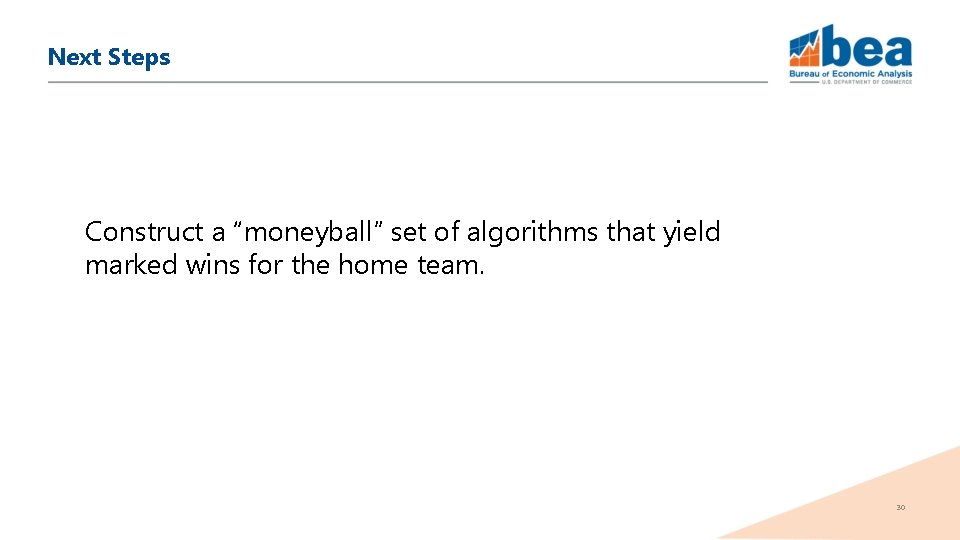 Next Steps Construct a “moneyball” set of algorithms that yield marked wins for the