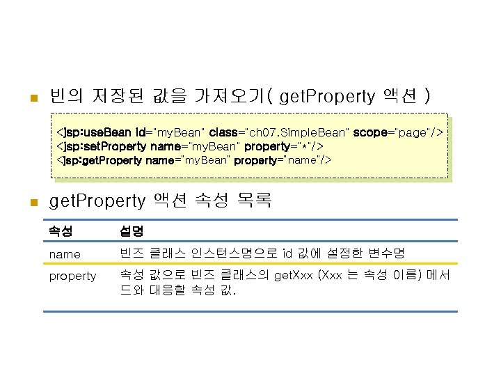 n 빈의 저장된 값을 가져오기( get. Property 액션 ) <jsp: use. Bean id=“my. Bean”