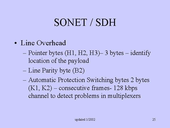 SONET / SDH • Line Overhead – Pointer bytes (H 1, H 2, H