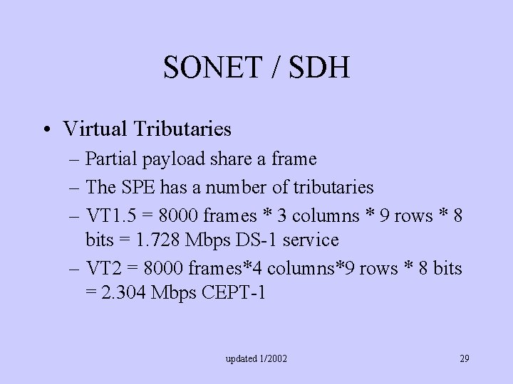 SONET / SDH • Virtual Tributaries – Partial payload share a frame – The