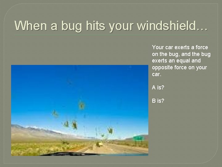 When a bug hits your windshield… Your car exerts a force on the bug,