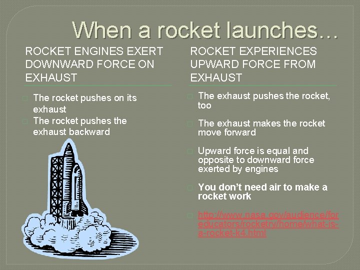 When a rocket launches… ROCKET ENGINES EXERT DOWNWARD FORCE ON EXHAUST � � The