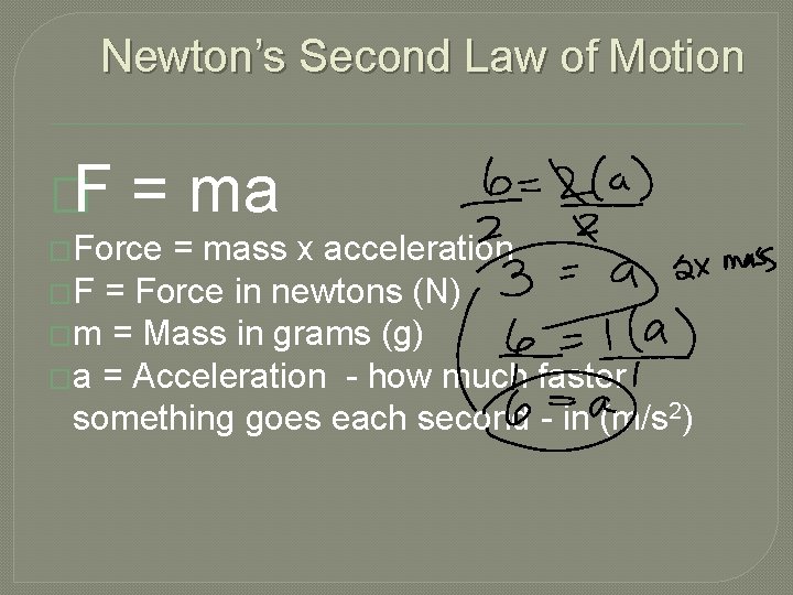 Newton’s Second Law of Motion �F = ma �Force = mass x acceleration �F