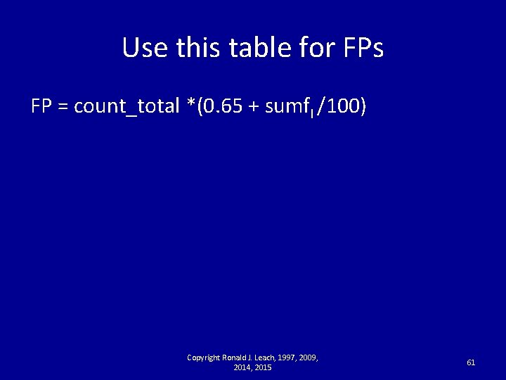 Use this table for FPs FP = count_total *(0. 65 + sumf. I /100)