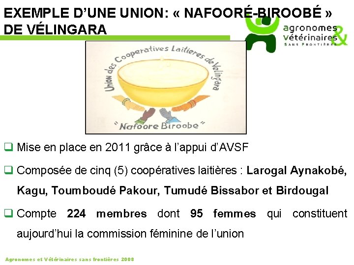 EXEMPLE D’UNE UNION: « NAFOORÉ-BIROOBÉ » DE VÉLINGARA q Mise en place en 2011