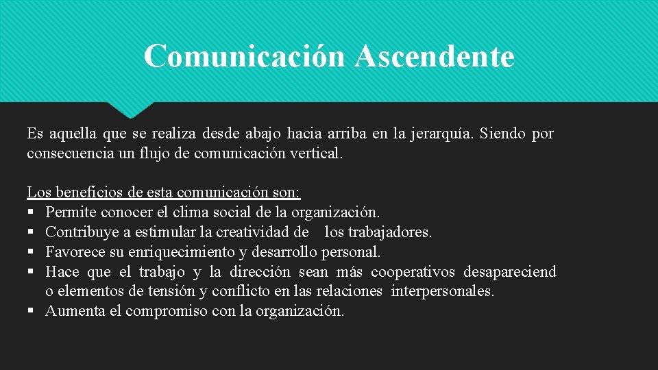 Comunicación Ascendente Es aquella que se realiza desde abajo hacia arriba en la jerarquía.