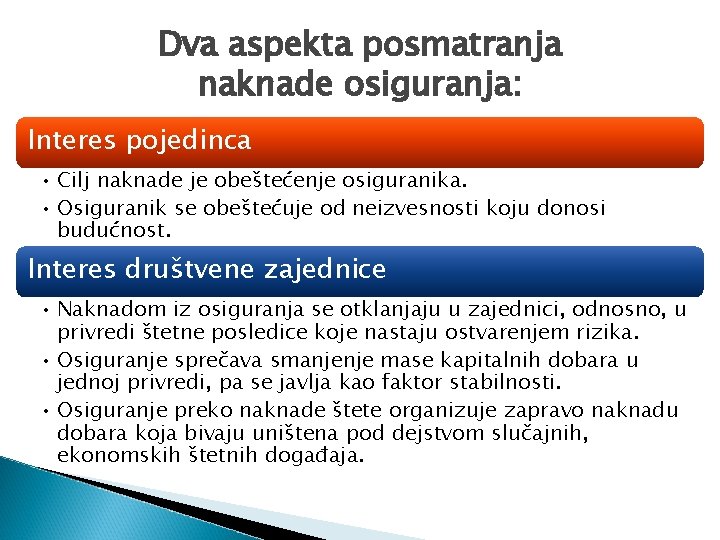 Dva aspekta posmatranja naknade osiguranja: Interes pojedinca • Cilj naknade je obeštećenje osiguranika. •