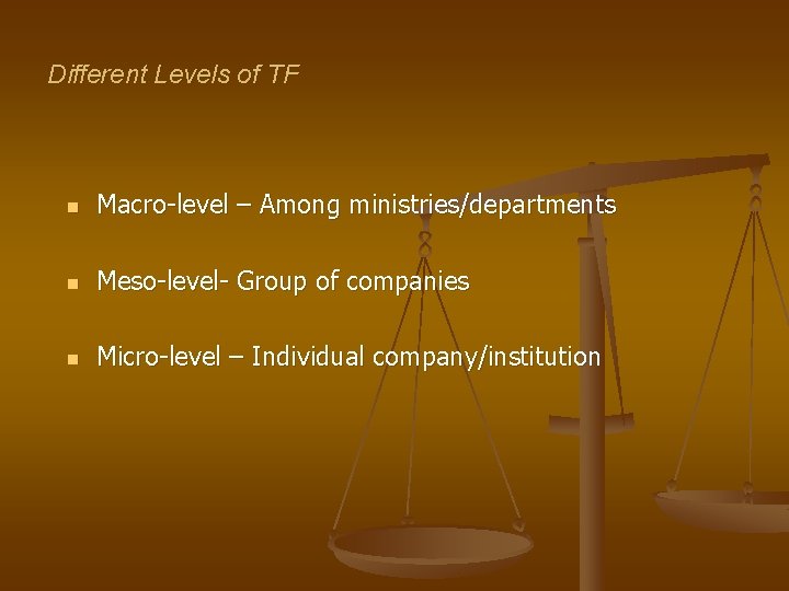 Different Levels of TF n Macro-level – Among ministries/departments n Meso-level- Group of companies