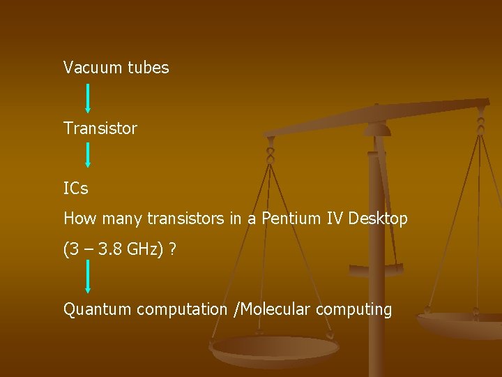 Vacuum tubes Transistor ICs How many transistors in a Pentium IV Desktop (3 –