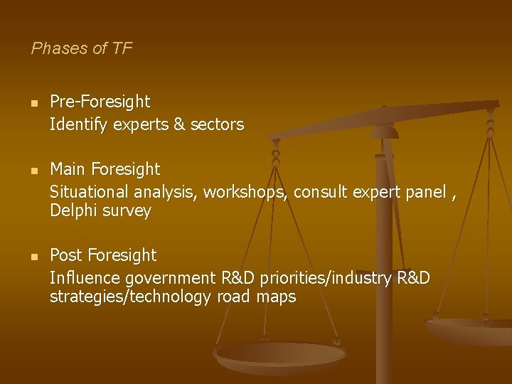 Phases of TF n n n Pre-Foresight Identify experts & sectors Main Foresight Situational