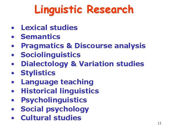 Linguistic Research • • • Lexical studies Semantics Pragmatics & Discourse analysis Sociolinguistics Dialectology