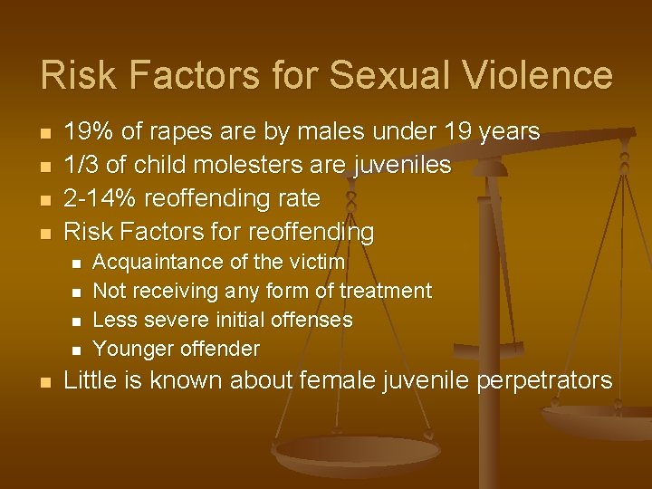 Risk Factors for Sexual Violence n n 19% of rapes are by males under