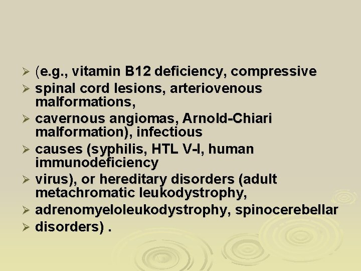 (e. g. , vitamin B 12 deficiency, compressive spinal cord lesions, arteriovenous malformations, Ø