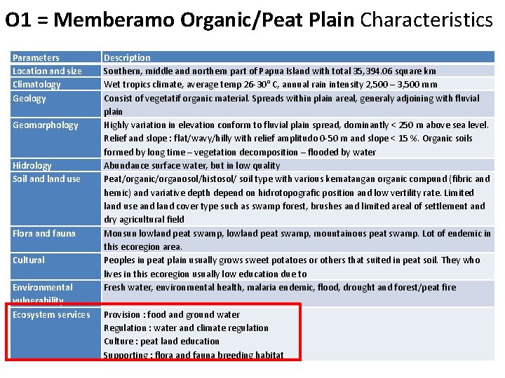 O 1 = Memberamo Organic/Peat Plain Characteristics Parameters Location and size Climatology Geomorphology Hidrology O 1 = Memberamo Organic/Peat Plain Characteristics Parameters Location and size Climatology Geomorphology Hidrology