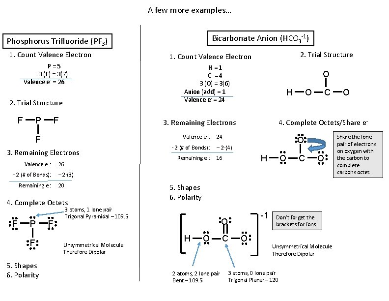 A few more examples… Bicarbonate Anion (HCO 3 -1) Phosphorus Trifluoride (PF 3) 1.