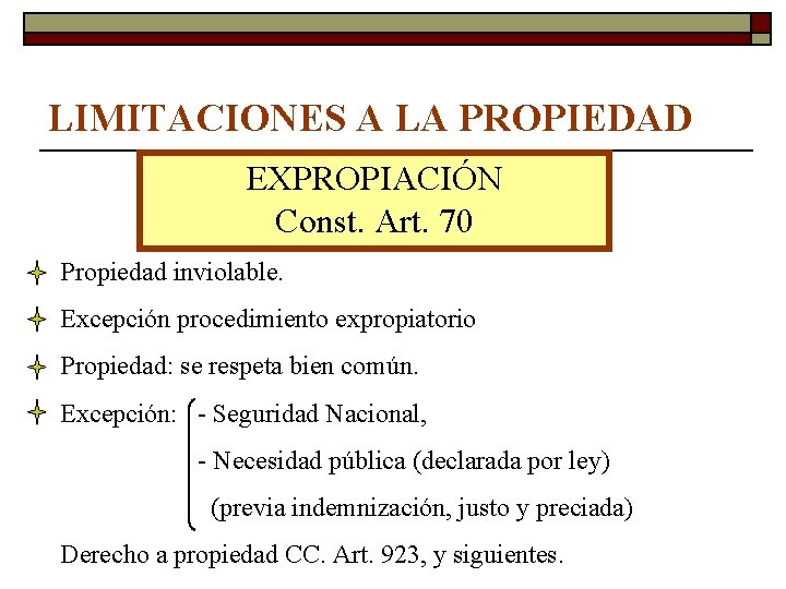 LIMITACIONES A LA PROPIEDAD EXPROPIACIÓN Const. Art. 70 Propiedad inviolable. Excepción procedimiento expropiatorio Propiedad: