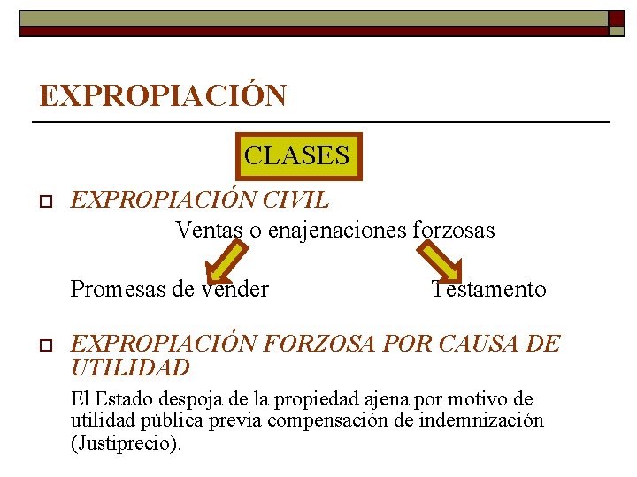 EXPROPIACIÓN CLASES o EXPROPIACIÓN CIVIL Ventas o enajenaciones forzosas Promesas de vender o Testamento