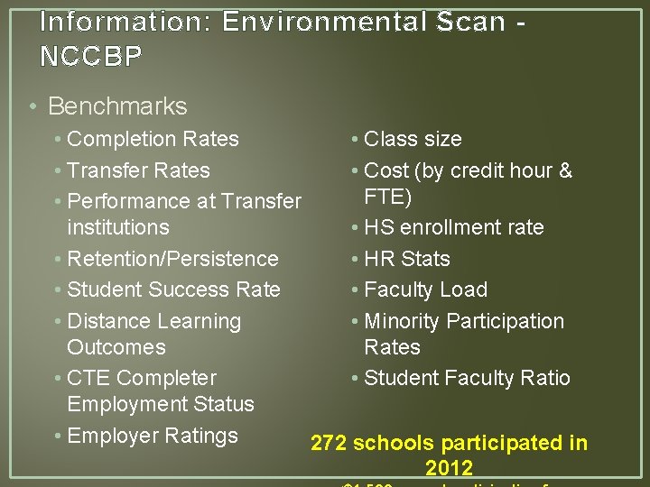 Information: Environmental Scan NCCBP • Benchmarks • Class size • Completion Rates • Cost Information: Environmental Scan NCCBP • Benchmarks • Class size • Completion Rates • Cost