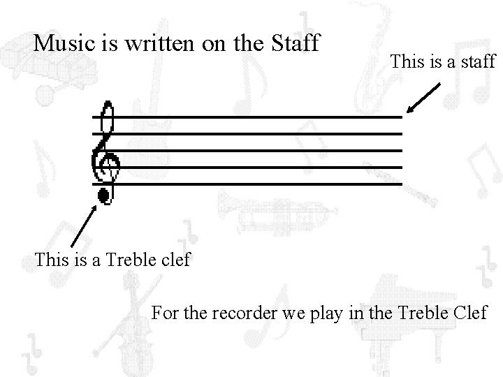 Music is written on the Staff This is a staff This is a Treble