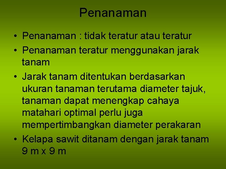 Penanaman • Penanaman : tidak teratur atau teratur • Penanaman teratur menggunakan jarak tanam