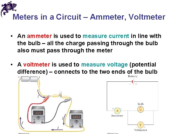 Meters in a Circuit – Ammeter, Voltmeter • An ammeter is used to measure