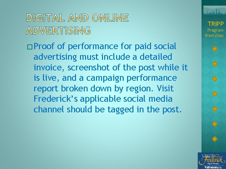 TRIPP Program Workshop � Proof of performance for paid social advertising must include a