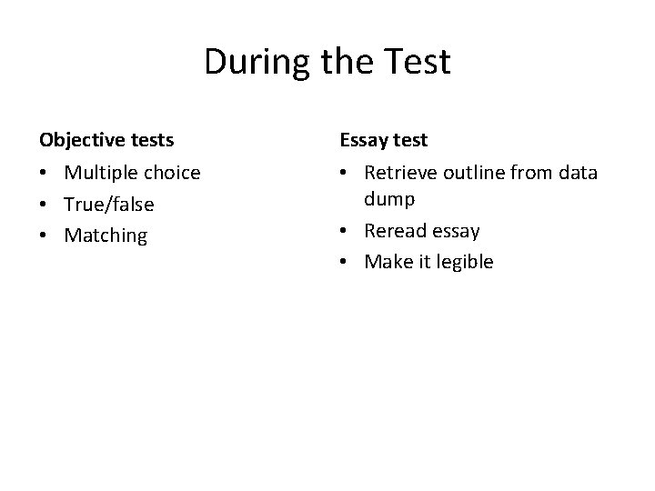 During the Test Objective tests Essay test • Multiple choice • True/false • Matching
