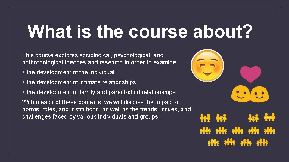 What is the course about? This course explores sociological, psychological, and anthropological theories and