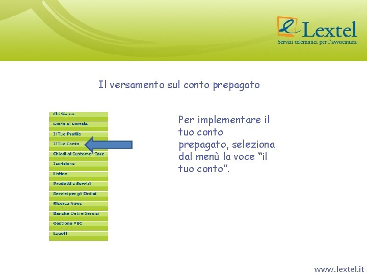 Il versamento sul conto prepagato Per implementare il tuo conto prepagato, seleziona dal menù