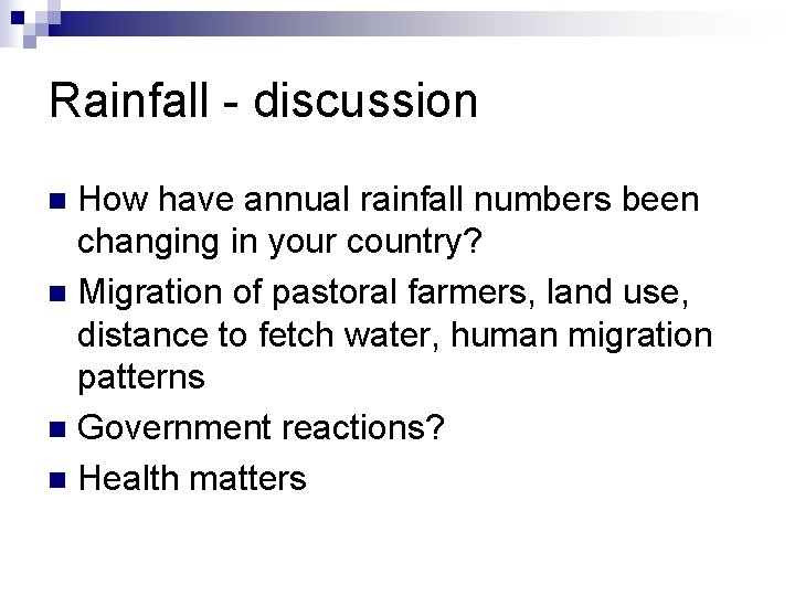 Rainfall - discussion How have annual rainfall numbers been changing in your country? n