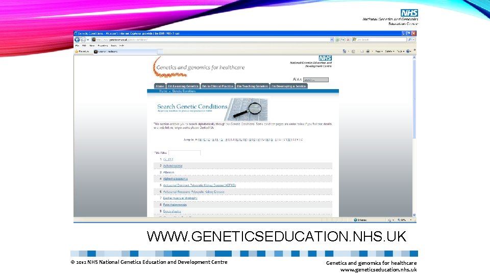 WWW. GENETICSEDUCATION. NHS. UK © 2012 NHS National Genetics Education and Development Centre Genetics