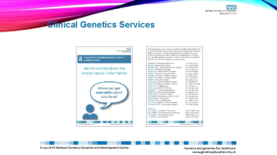 Clinical Genetics Services © 2012 NHS National Genetics Education and Development Centre Genetics and